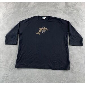 Las Olas Womens XL Black Rhinestone Dolphin 3/4 Sleeve Cotton Top Shirt 6026